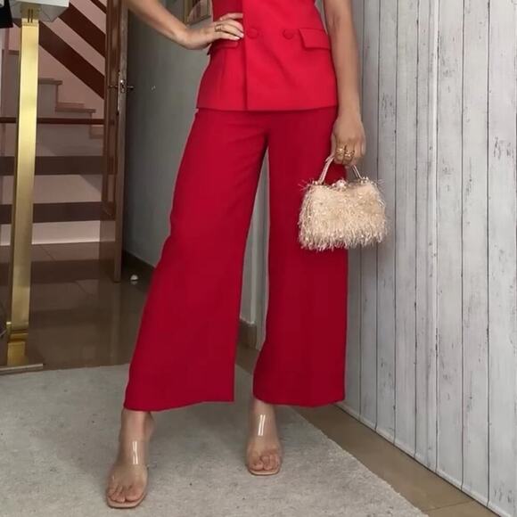 Zara RED WIDE LEG CROPPED PANTS - Picture 1 of 14